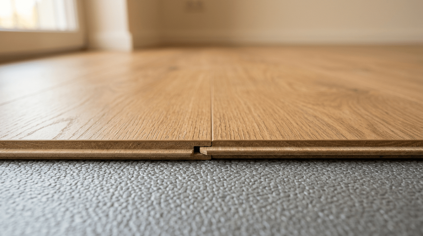 Detailaufnahme einer sauber verlegten Laminatdiele mit präziser Klick-Verbindung