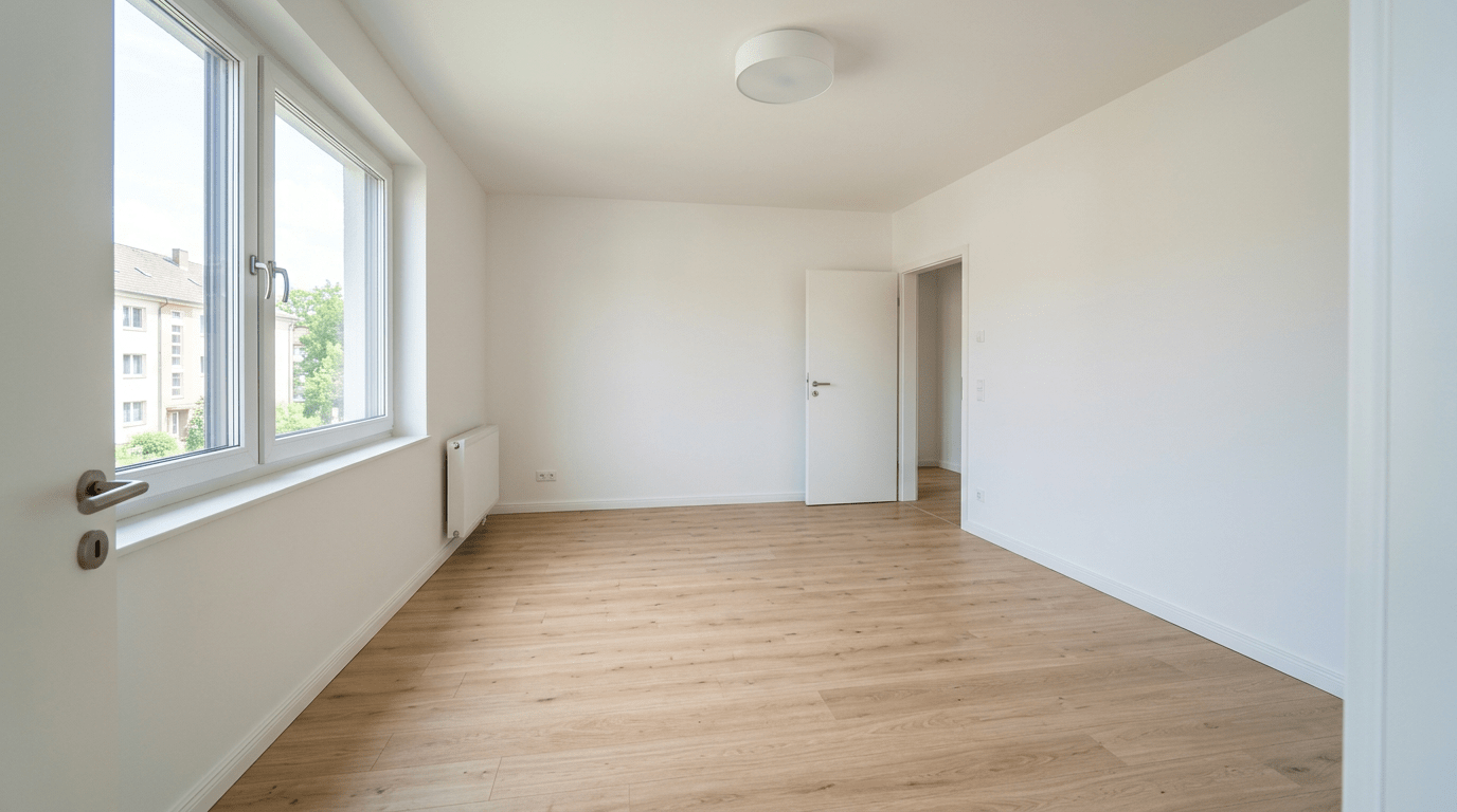 Frisch verlegter Laminatboden in einer leerstehenden Mietwohnung vor der Übergabe an neue Mieter