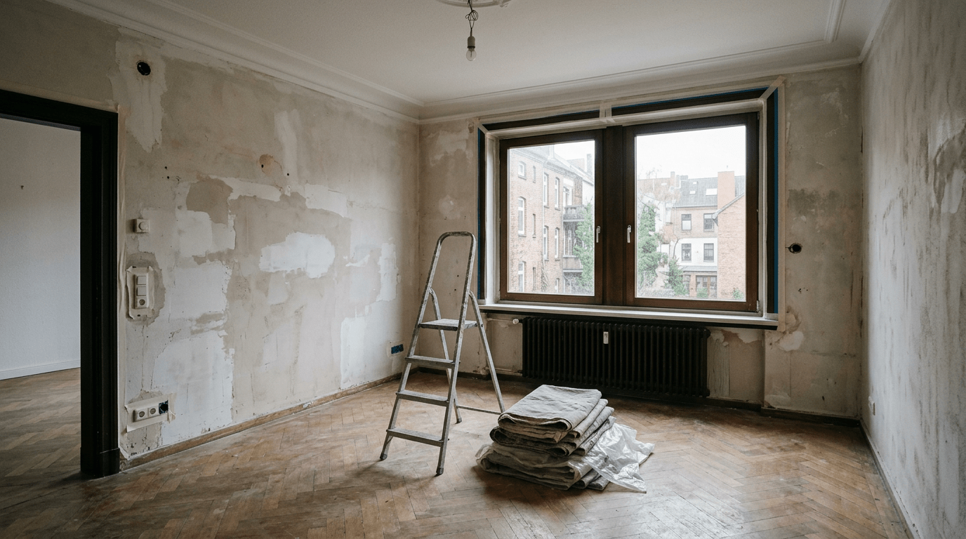 eere Mietwohnung zwischen zwei Mietverhältnissen mit frisch vorbereiteten Wänden, abgeklebten Fensterrahmen und zusammengelegten Abdeckvliesen