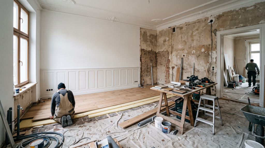 Altbauwohnung während der Renovierung: eine fertig gespachtelte und eine noch offene Wand, halb verlegter Holzboden, Leiter und Werkzeug