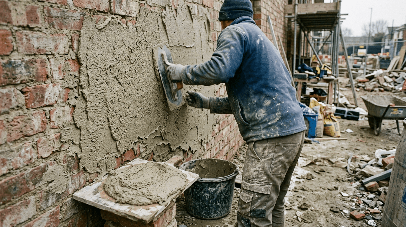 Handwerker trägt mit der Traufel einen mehrere Millimeter dicken Unterputz auf eine Ziegelwand auf, daneben steht die Richtlatte