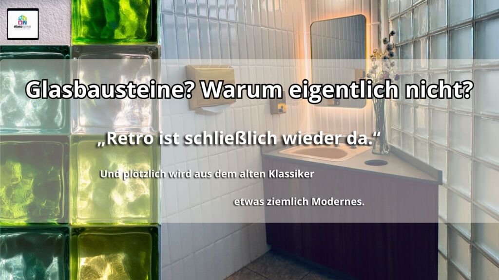 Modernes Badezimmer mit bunten Glasbausteinen als Sichtschutz, links im Bild farbige Glasbausteine im Detail