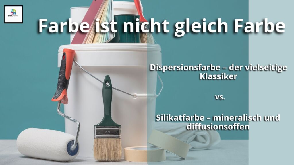Farbeimer mit aufgesetzten Farbtöpfen und ausgebreitetem Farbfächer, daneben Farbrolle, Pinsel und Malerklebeband