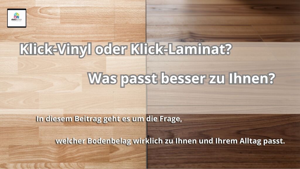 Split-Bild: links Klick-Vinylboden in Steinoptik, rechts Klick-Laminat in Holzoptik im Vergleich