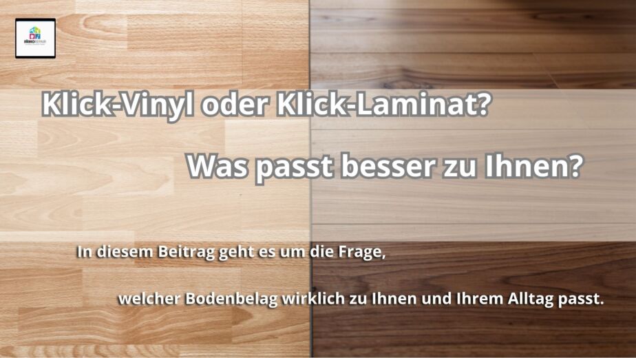 Split-Bild: links Klick-Vinylboden in Steinoptik, rechts Klick-Laminat in Holzoptik im Vergleich