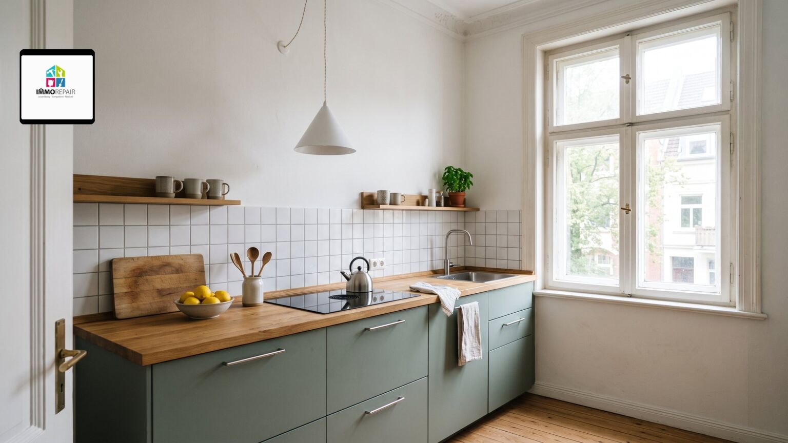 Küche in einer Altbauwohnung mit salbeigrünen matten Fronten, Holzarbeitsplatte und weißem Fliesenspiegel