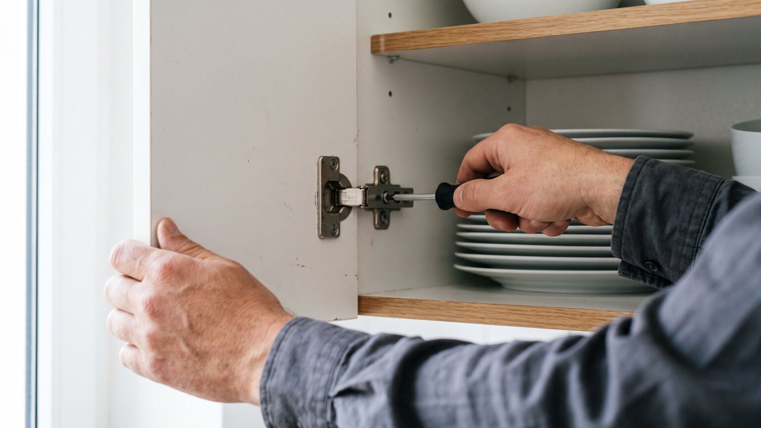 Nahaufnahme: Mit einem Schraubendreher wird das Scharnier einer Küchenschranktür nachgestellt