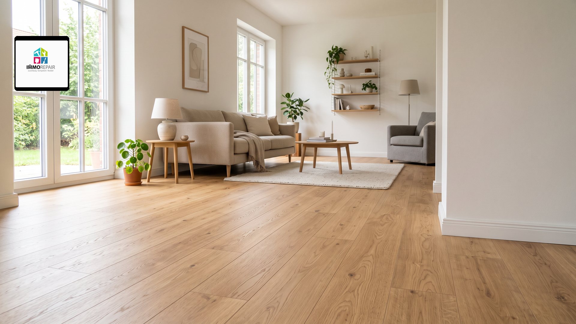 Fertig verlegter Laminatboden in Holzoptik in einem hellen, aufgeräumten Wohnzimmer mit Blick in den Garten