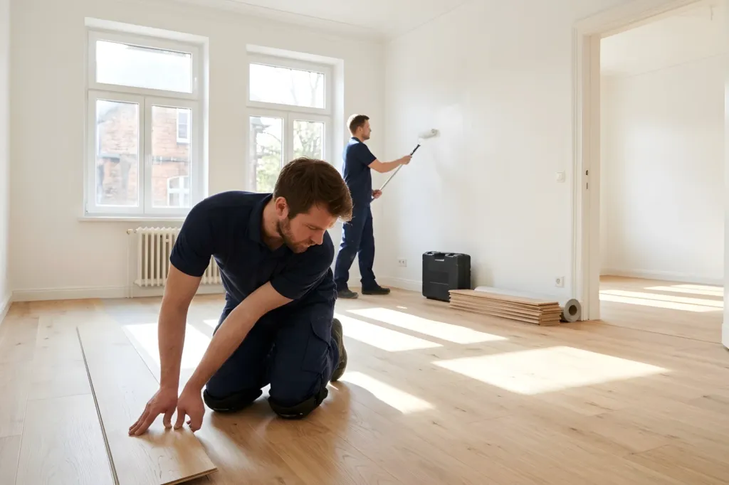 Ein Handwerker verlegt in einer leeren, sonnigen Altbauwohnung einen hellen Holzboden, im Hintergrund streicht ein zweiter Handwerker die Wand