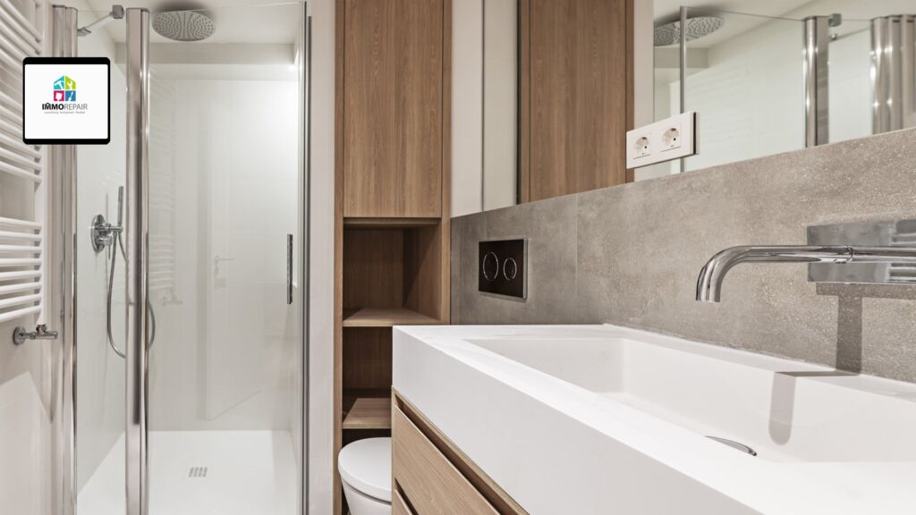 Modernes Badezimmer mit Glasduschkabine, Regenbrause, wandhängendem WC und breitem Waschtisch auf einem Holzunterschrank