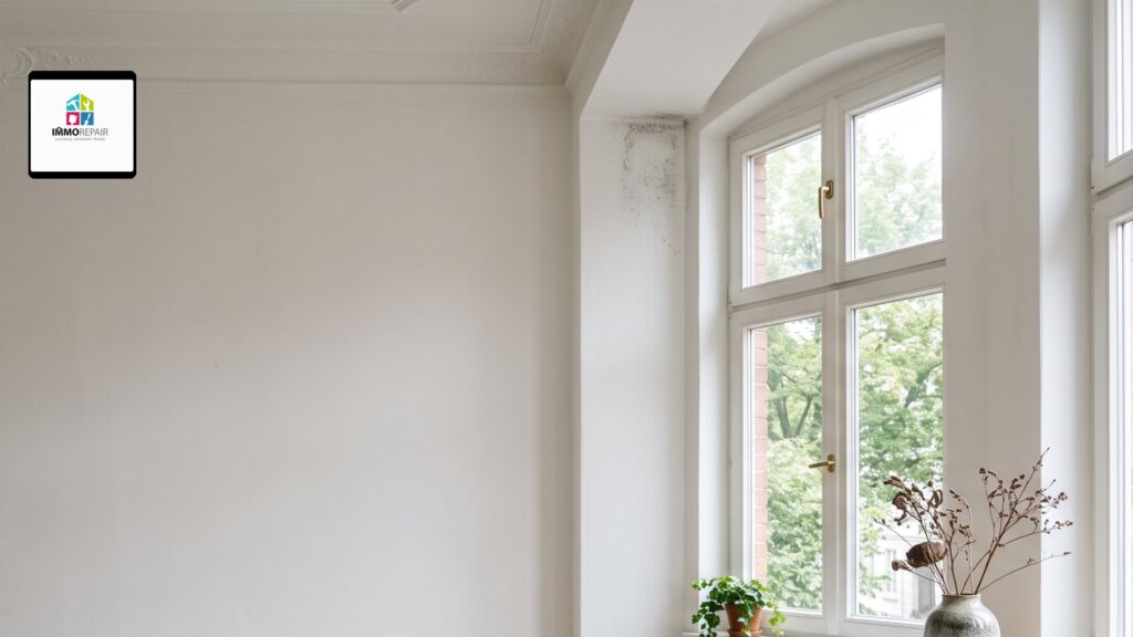 Dunkler Schimmelfleck oben an der Fensterlaibung einer hellen Altbauwand, daneben ein hohes Fenster mit Blick ins Grüne