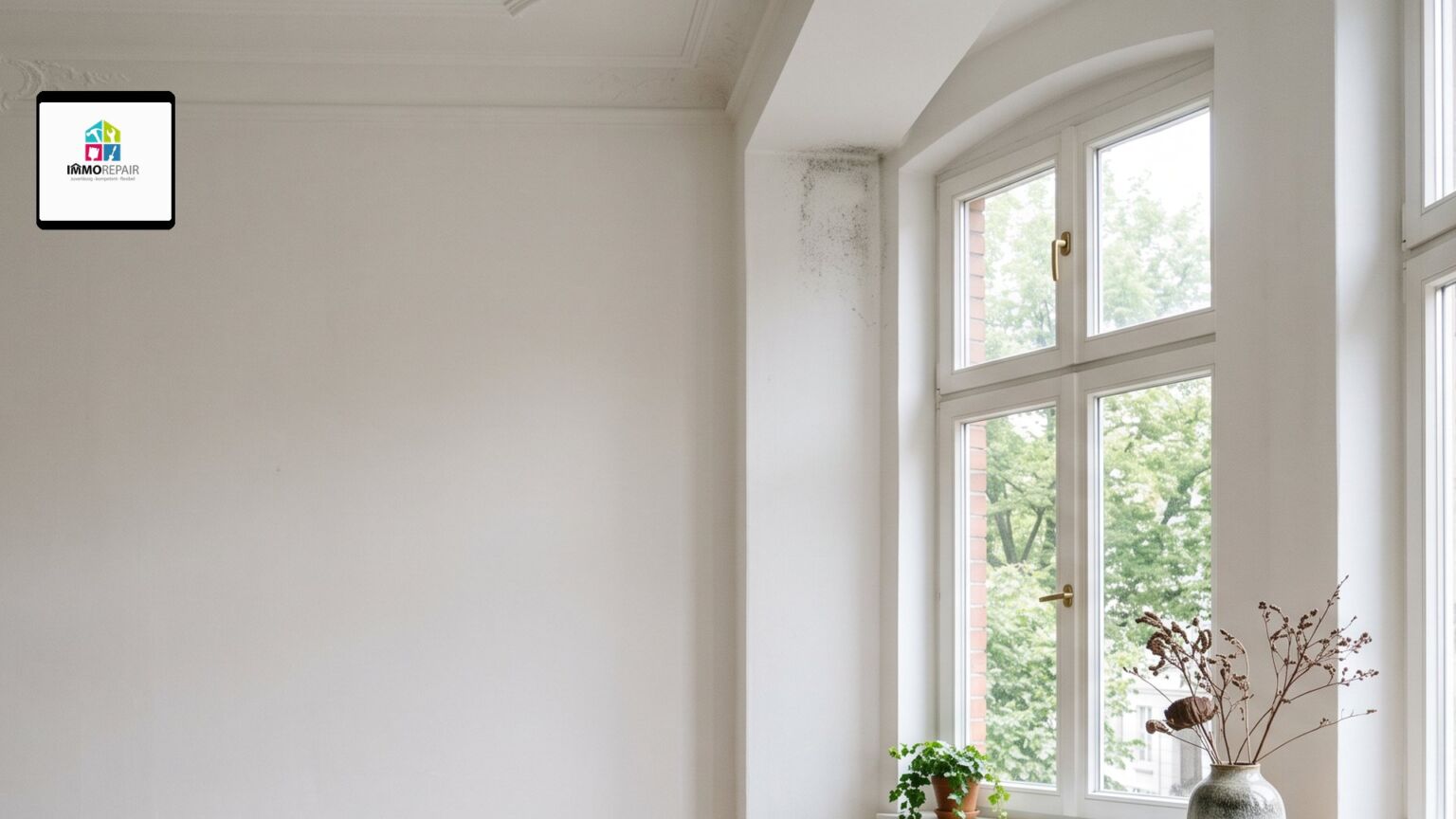 Dunkler Schimmelfleck oben an der Fensterlaibung einer hellen Altbauwand, daneben ein hohes Fenster mit Blick ins Grüne